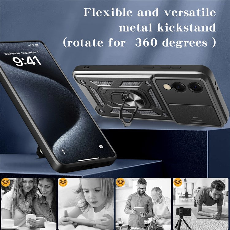 For Samsung Galaxy S25 Edge Case with Slide Camera Lid PC + TPU Kickstand Phone Cover - Silver