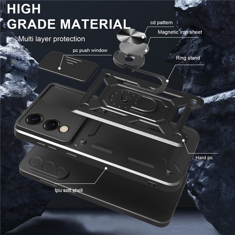 For Samsung Galaxy S25 Edge Case with Slide Camera Lid PC + TPU Kickstand Phone Cover - Silver