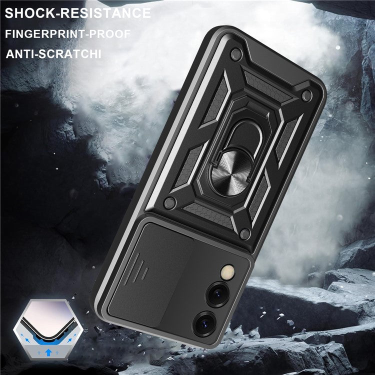 For Samsung Galaxy S25 Edge Case with Slide Camera Lid PC + TPU Kickstand Phone Cover - Silver