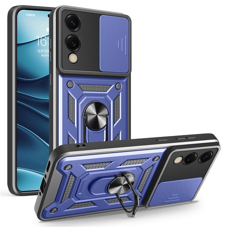 For Samsung Galaxy S25 Edge Case with Slide Camera Lid PC + TPU Kickstand Phone Cover - Blue