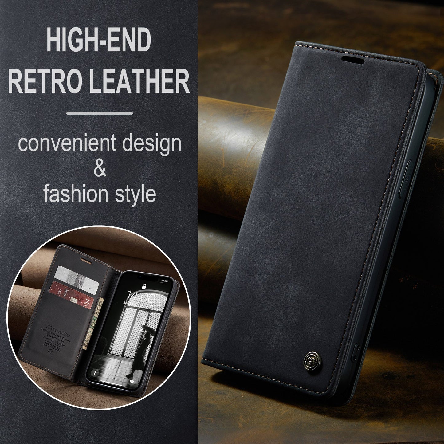 For iPhone 16e Wallet Case CASEME 013 Series PU Leather Phone Cover Stand - Black
