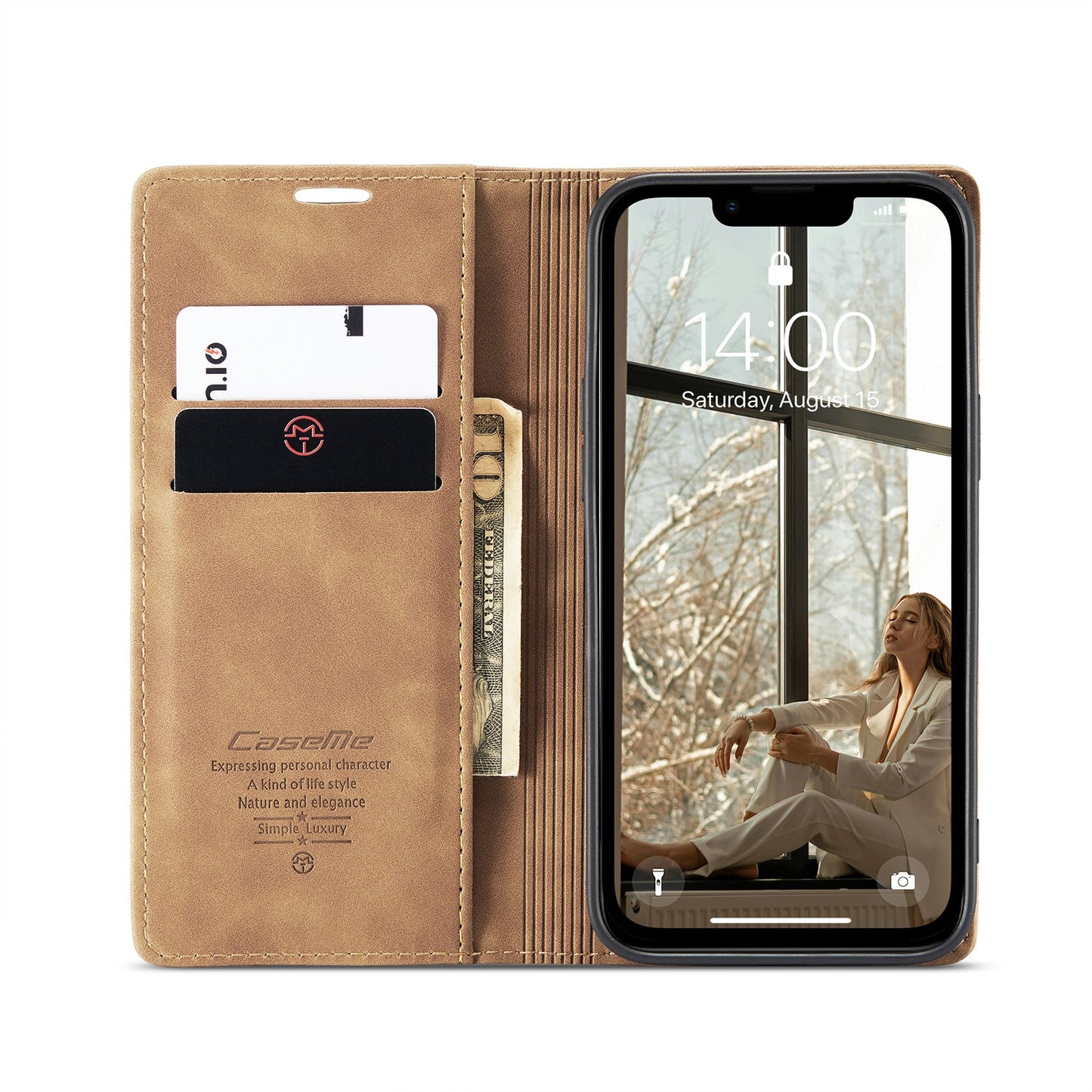 For iPhone 16e Wallet Case CASEME 013 Series PU Leather Phone Cover Stand - Brown