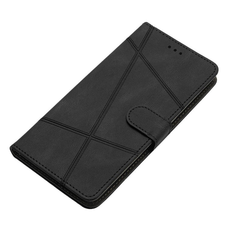 For Samsung Galaxy S25 Edge Wallet Case Line Imprinted Skin-Touch Anti-Drop Leather Flip Phone Cover - Black