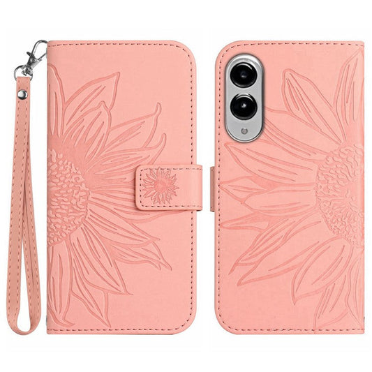 For Samsung Galaxy S25 Edge Case Sunflower Imprint Leather Wallet Phone Cover with Wrist Strap - Light Pink