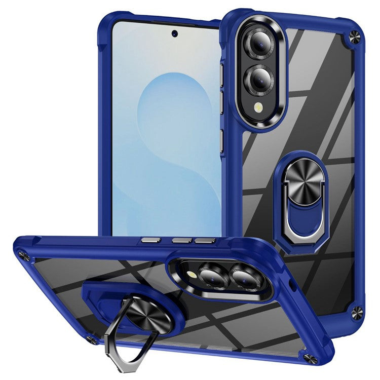 For Samsung Galaxy S25 Edge Case Alloy Lens Frame PC + TPU Kickstand Phone Back Cover - Blue  /  Black