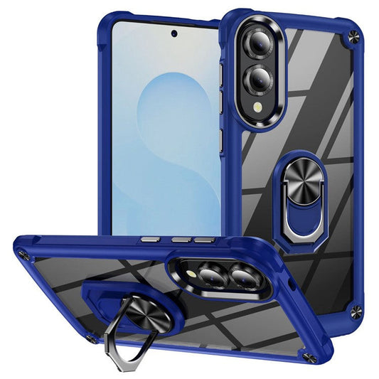 For Samsung Galaxy S25 Edge Case Alloy Lens Frame PC + TPU Kickstand Phone Back Cover - Blue  /  Black
