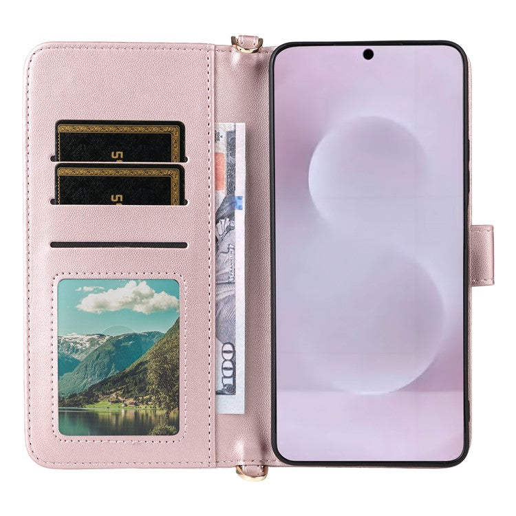 For Samsung Galaxy S25 Edge Case with Shoulder Strap Wallet Leather Phone Cover - Pink