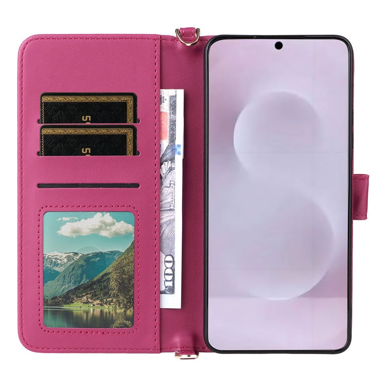 For Samsung Galaxy S25 Edge Case with Shoulder Strap Wallet Leather Phone Cover - Rose