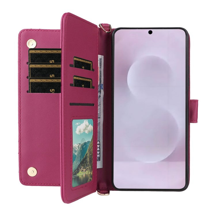 For Samsung Galaxy S25 Edge Case with Shoulder Strap Wallet Leather Phone Cover - Rose