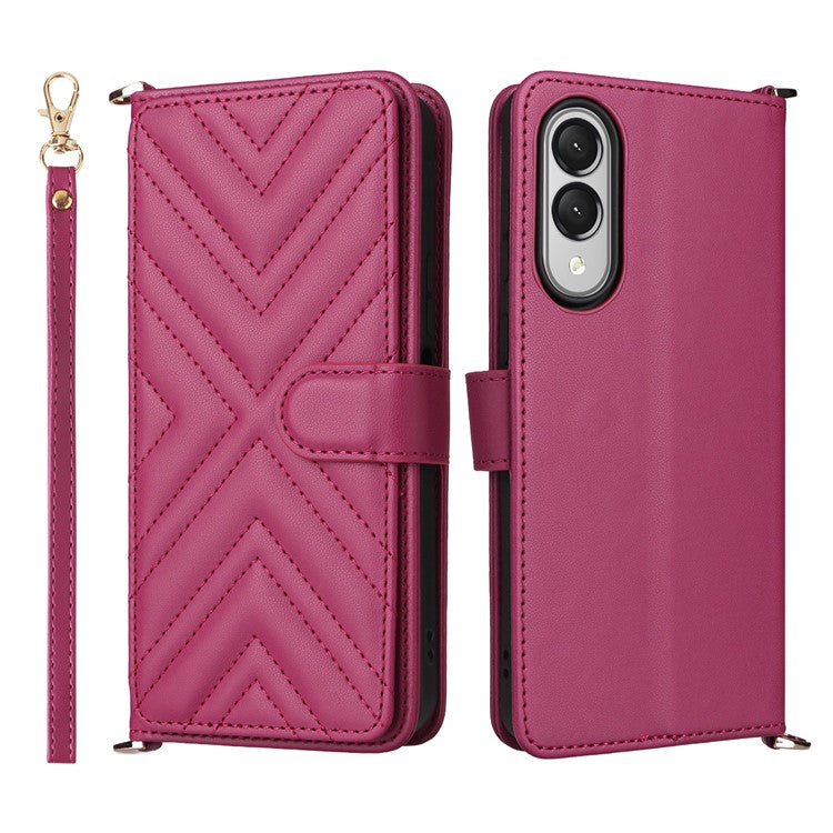 For Samsung Galaxy S25 Edge Case with Shoulder Strap Wallet Leather Phone Cover - Rose