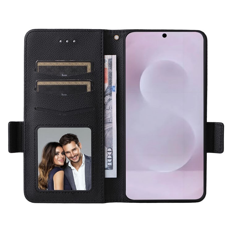 For Samsung Galaxy S25 Edge Case Wallet Flip Litchi Texture PU Leather Phone Cover - Black