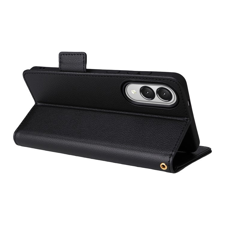 For Samsung Galaxy S25 Edge Case Wallet Flip Litchi Texture PU Leather Phone Cover - Black