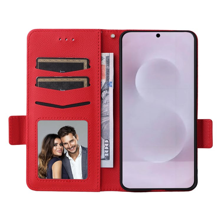 For Samsung Galaxy S25 Edge Case Wallet Flip Litchi Texture PU Leather Phone Cover - Red
