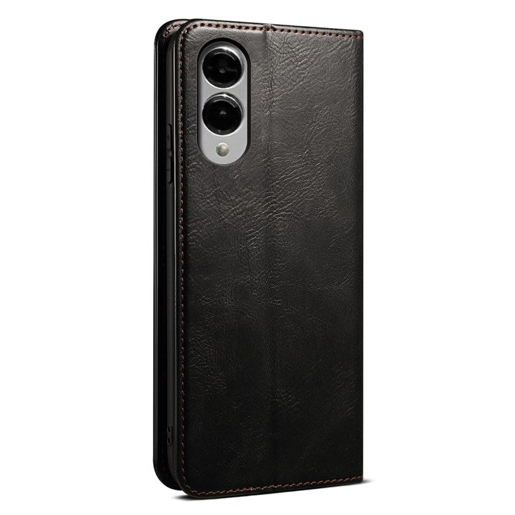 For Samsung Galaxy S25 Edge Case Crazy Horse Texture Waxy Leather Wallet Stand Phone Cover - Black