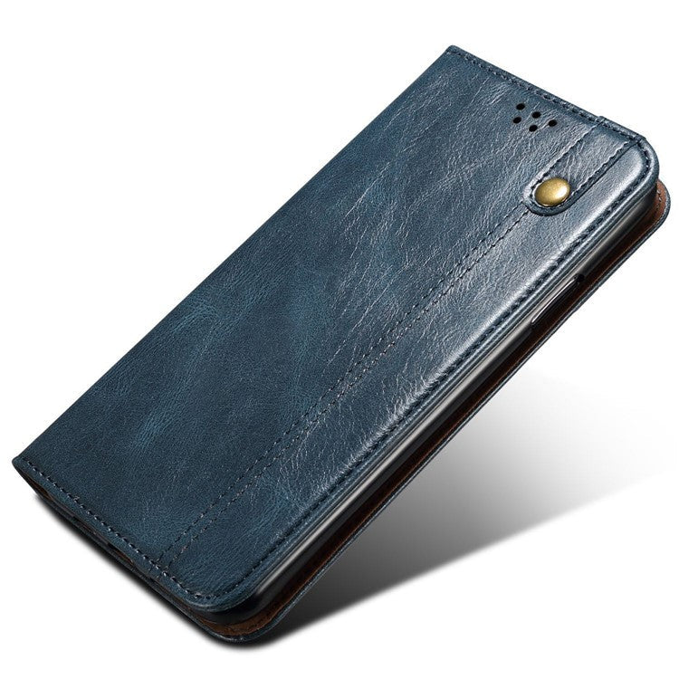 For Samsung Galaxy S25 Edge Case Crazy Horse Texture Waxy Leather Wallet Stand Phone Cover - Blue