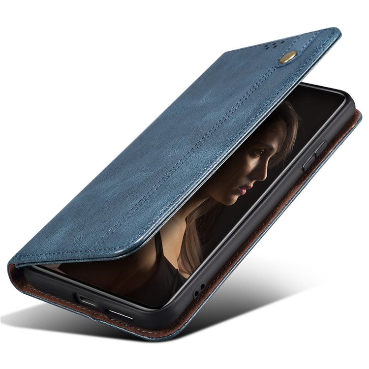 For Samsung Galaxy S25 Edge Case Crazy Horse Texture Waxy Leather Wallet Stand Phone Cover - Blue