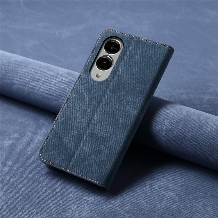 For Samsung Galaxy S25 Edge Case Jeans Cloth Texture Anti-Scratch Leather Stand Phone Cover - Blue
