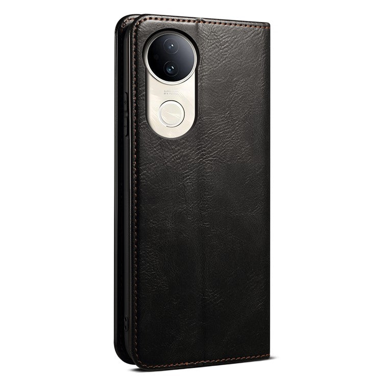 For vivo V50 5G Case Crazy Horse Texture Waxy Leather Wallet Stand Phone Cover - Black