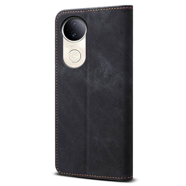 For vivo V50 5G Case Jeans Cloth Texture Anti-Scratch Leather Stand Phone Cover - Black