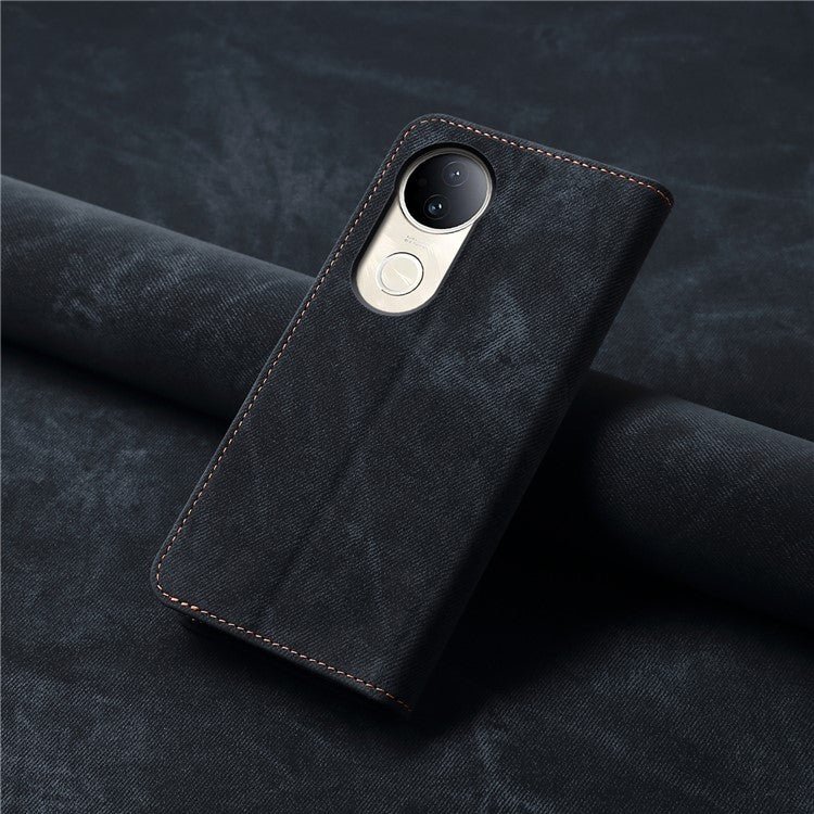 For vivo V50 5G Case Jeans Cloth Texture Anti-Scratch Leather Stand Phone Cover - Black