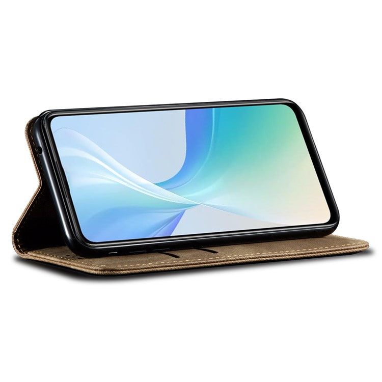 For vivo V50 5G Case Jeans Cloth Texture Anti-Scratch Leather Stand Phone Cover - Khaki
