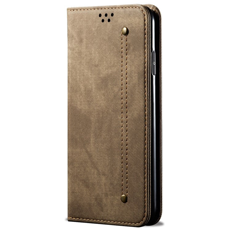 For vivo V50 5G Case Jeans Cloth Texture Anti-Scratch Leather Stand Phone Cover - Khaki