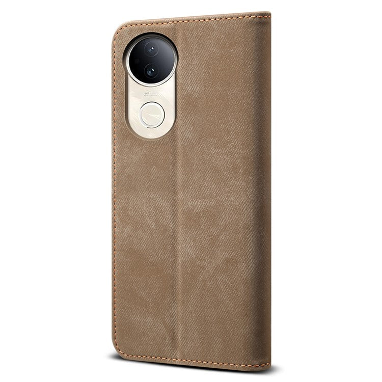 For vivo V50 5G Case Jeans Cloth Texture Anti-Scratch Leather Stand Phone Cover - Khaki