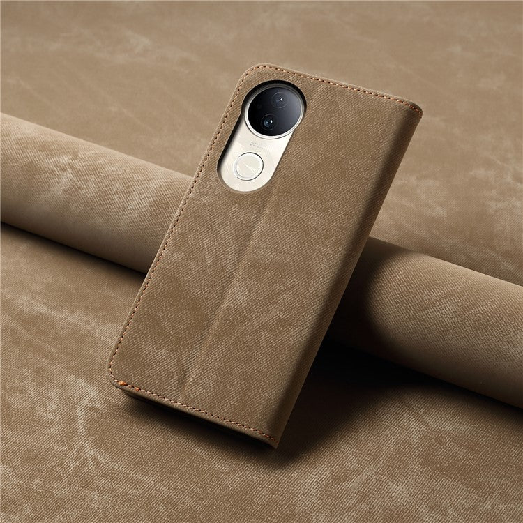 For vivo V50 5G Case Jeans Cloth Texture Anti-Scratch Leather Stand Phone Cover - Khaki