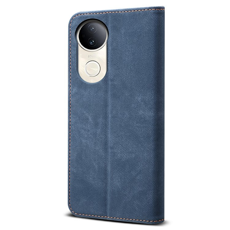 For vivo V50 5G Case Jeans Cloth Texture Anti-Scratch Leather Stand Phone Cover - Blue