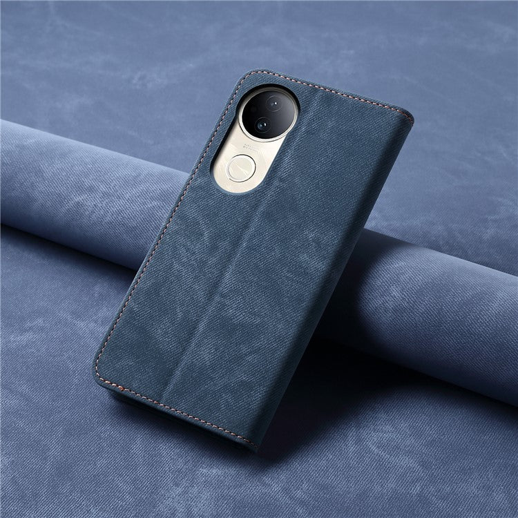 For vivo V50 5G Case Jeans Cloth Texture Anti-Scratch Leather Stand Phone Cover - Blue