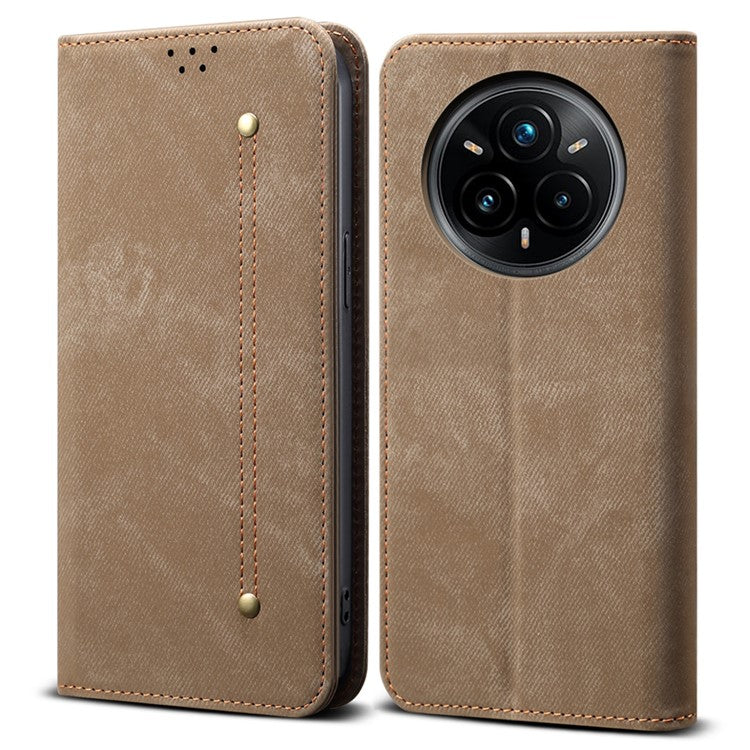 For Realme 14 Pro+ 5G Case Jeans Cloth Texture Anti-Scratch Leather Stand Phone Cover - Khaki