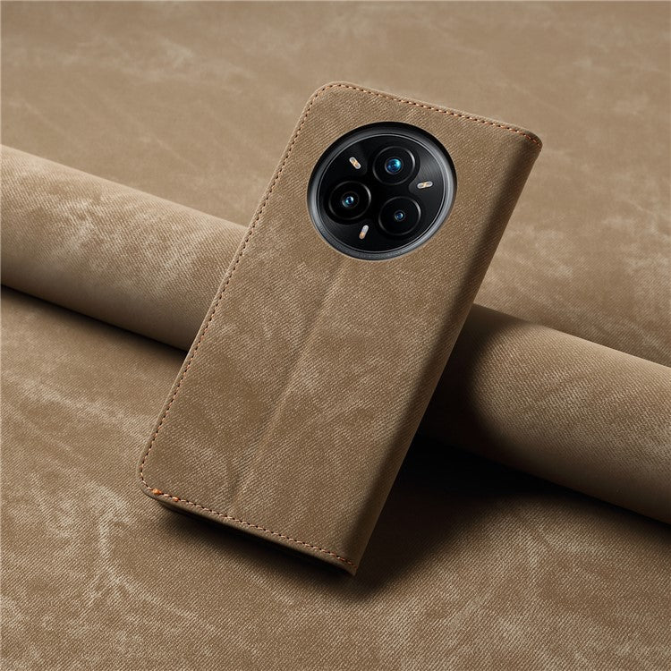 For Realme 14 Pro+ 5G Case Jeans Cloth Texture Anti-Scratch Leather Stand Phone Cover - Khaki