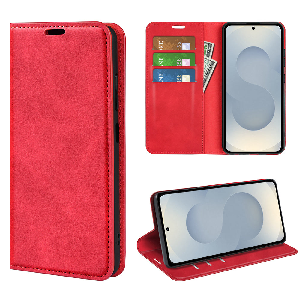 For Samsung Galaxy S25 Edge Case Skin Touch Leather Wallet Phone Cover - Red