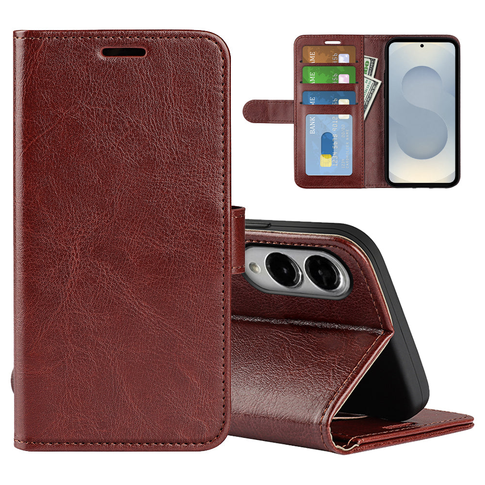 For Samsung Galaxy S25 Edge Case Crazy Horse Texture Stand Leather Phone Cover - Brown