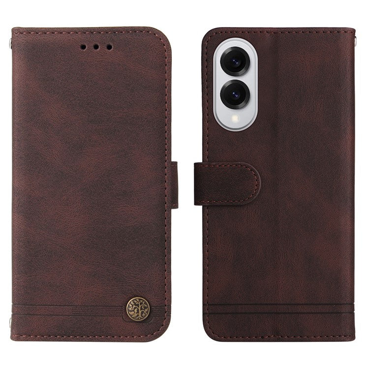 For Samsung Galaxy S25 Edge Case Wallet Skin Touch Leather Phone Cover Tree Pattern Hardware - Brown