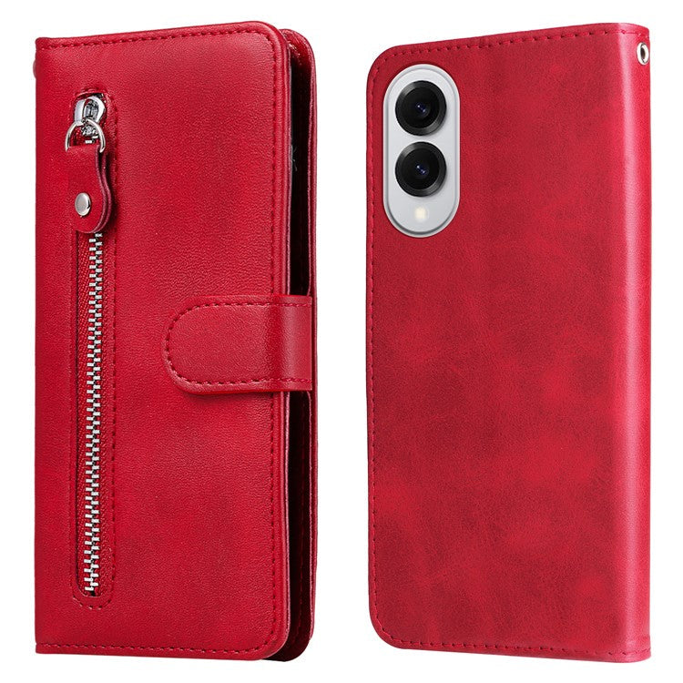 For Samsung Galaxy S25 Edge Case Zipper Wallet Calf Texture PU Leather Phone Cover - Red