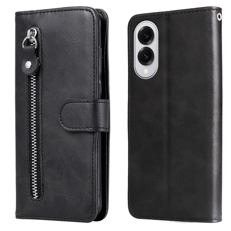 For Samsung Galaxy S25 Edge Case Zipper Wallet Calf Texture PU Leather Phone Cover - Black