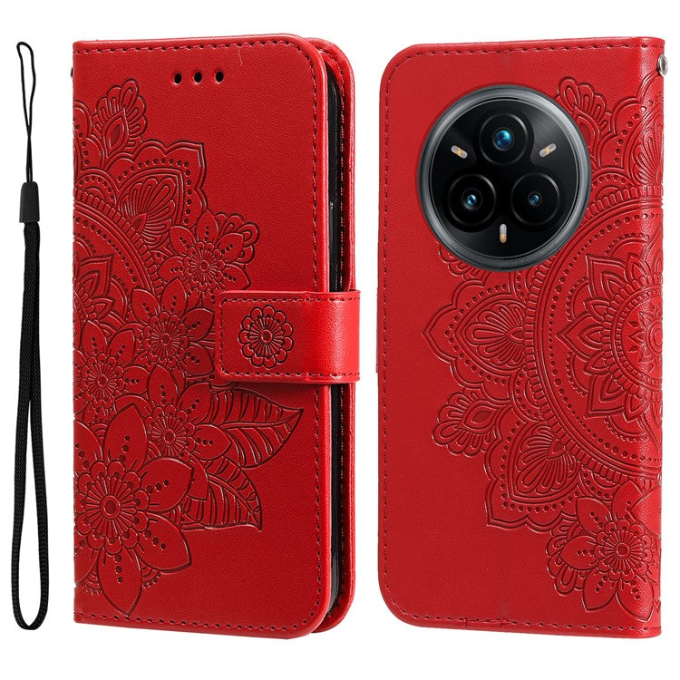 For Realme 14 Pro+ 5G Case Floral Pattern PU Leather Wallet Stand Phone Cover - Red