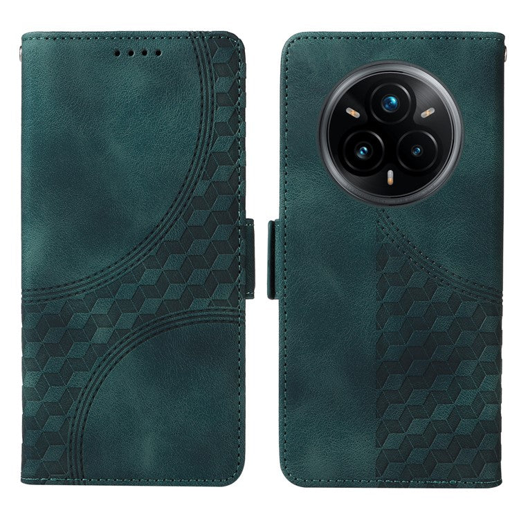 For Realme 14 Pro+ 5G Case PU Leather Phone Cover Rhombus Starry Imprinted - Green
