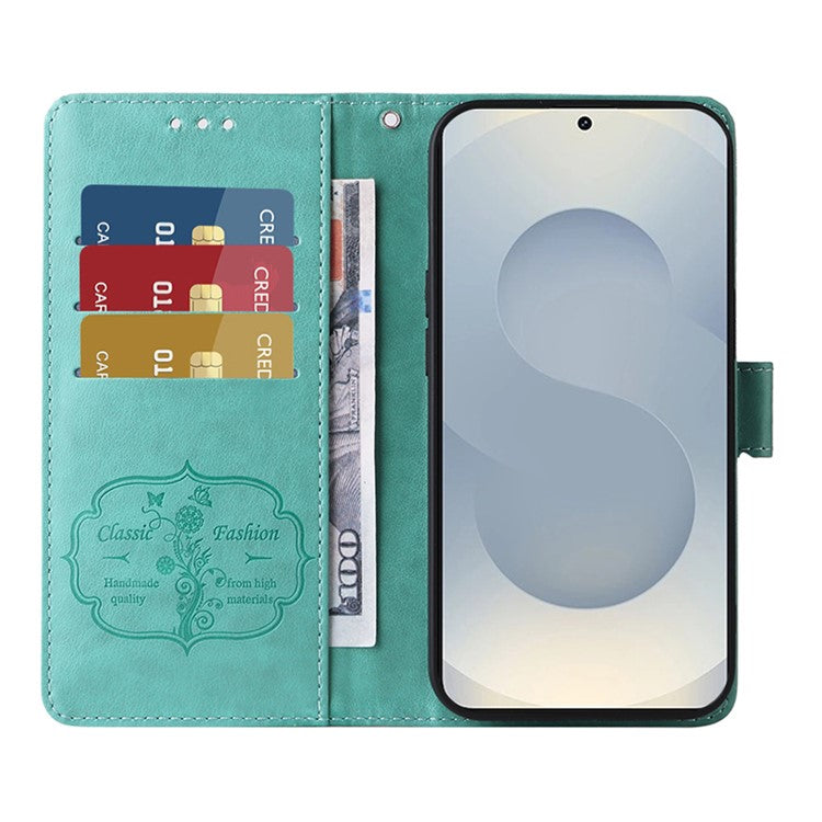 For Samsung Galaxy S25 Edge Phone Case Wallet Stand Butterfly Floral Imprint Leather Cover - Green