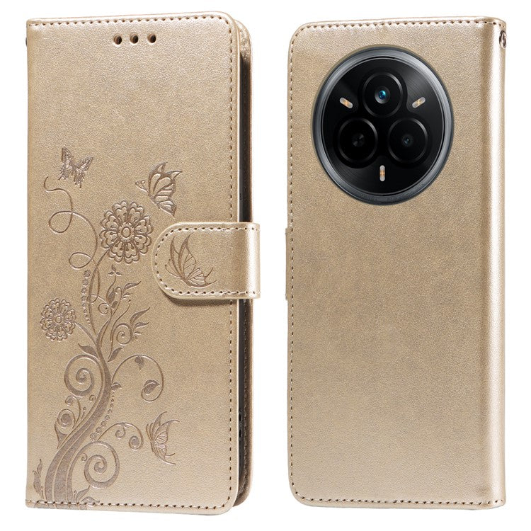 For Realme 14 Pro 5G Leather Case Butterfly Floral Imprint Wallet Stand Cover - Gold