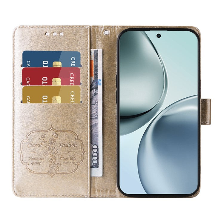 For Realme 14 Pro 5G Leather Case Butterfly Floral Imprint Wallet Stand Cover - Gold