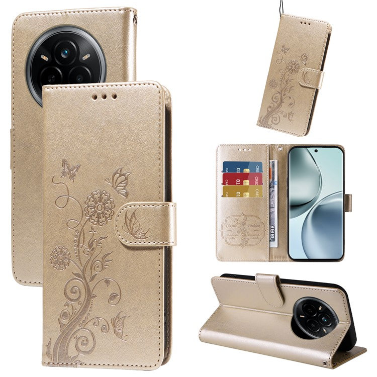 For Realme 14 Pro 5G Leather Case Butterfly Floral Imprint Wallet Stand Cover - Gold