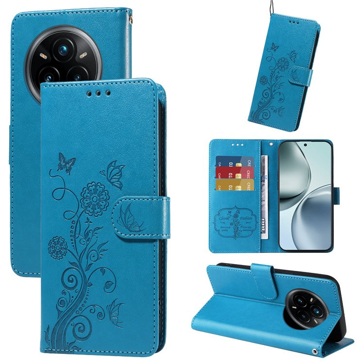 For Realme 14 Pro+ 5G Case Butterfly Floral Imprint Wallet Stand Leather Phone Cover - Blue