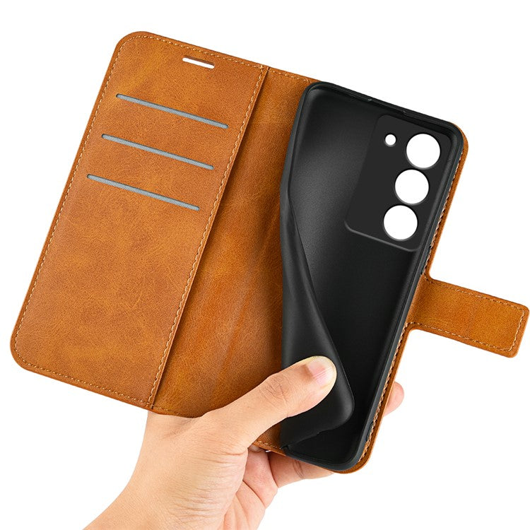 For Realme 14x 4G Stand Case Anti-Scratch Calf Texture Leather Phone Cover - Yellow