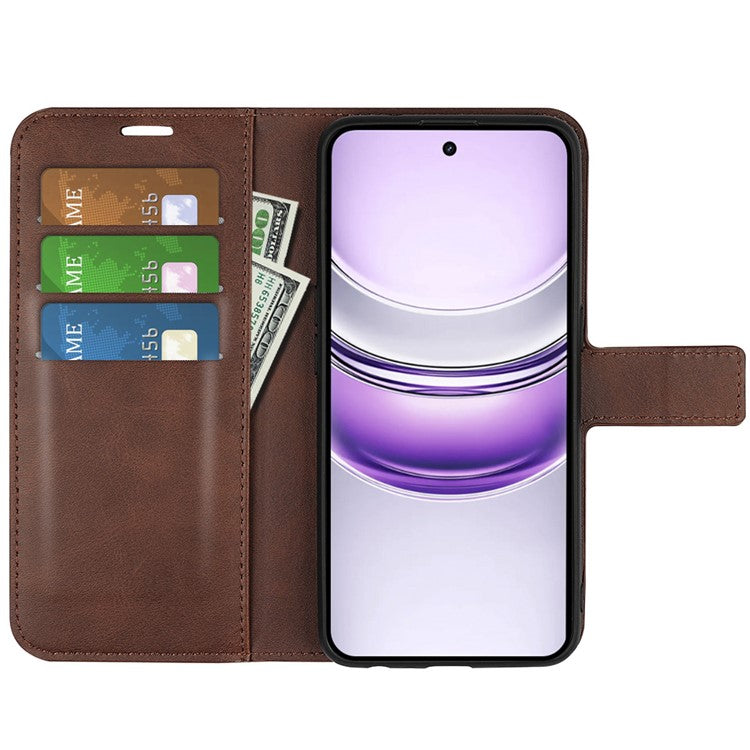 For Realme 14x 4G Stand Case Anti-Scratch Calf Texture Leather Phone Cover - Brown