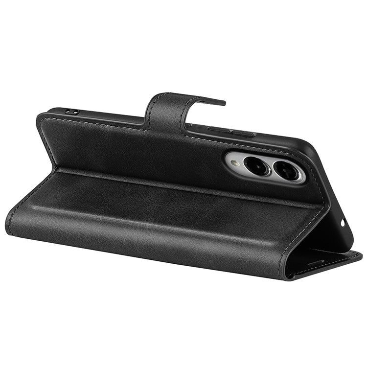 For Samsung Galaxy S25 Edge Stand Case Anti-Scratch Calf Texture Leather Phone Cover - Black