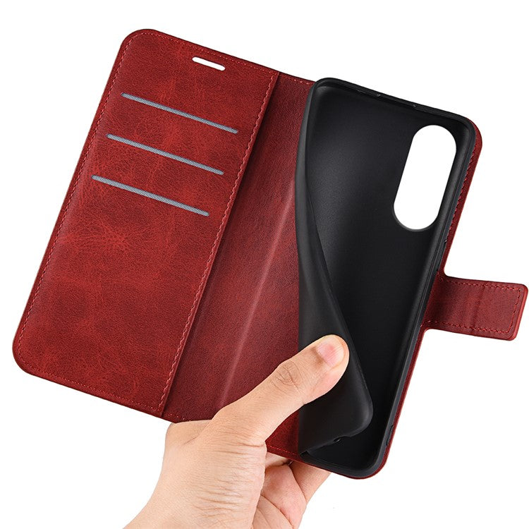 For Samsung Galaxy S25 Edge Stand Case Anti-Scratch Calf Texture Leather Phone Cover - Red