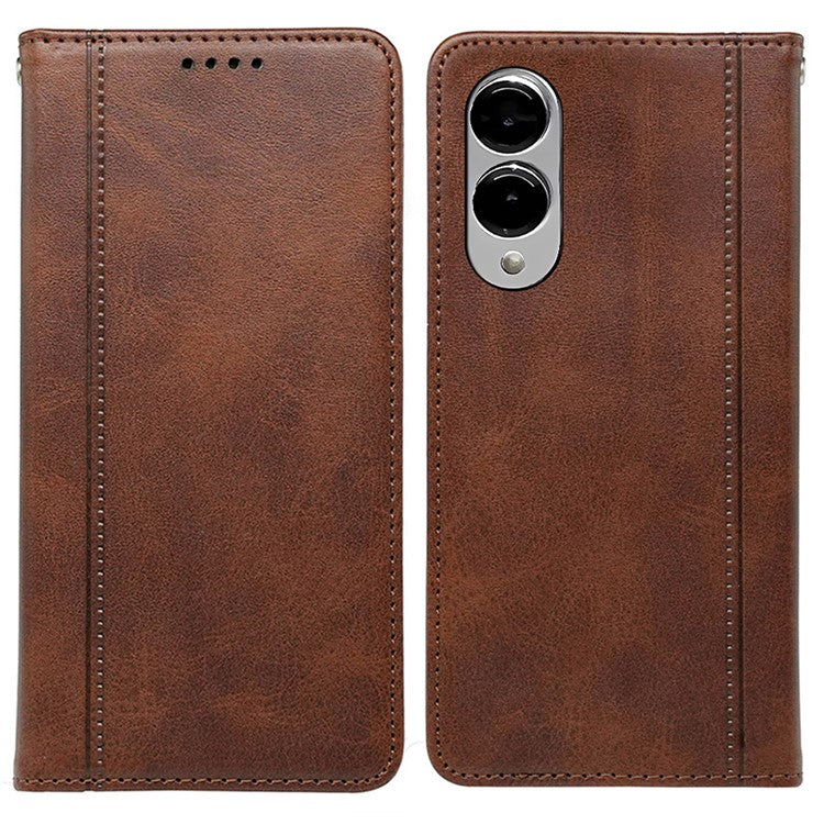 For Samsung Galaxy S25 Edge Case Hidden Magnetic Closure Calf Texture Leather Phone Cover - Brown