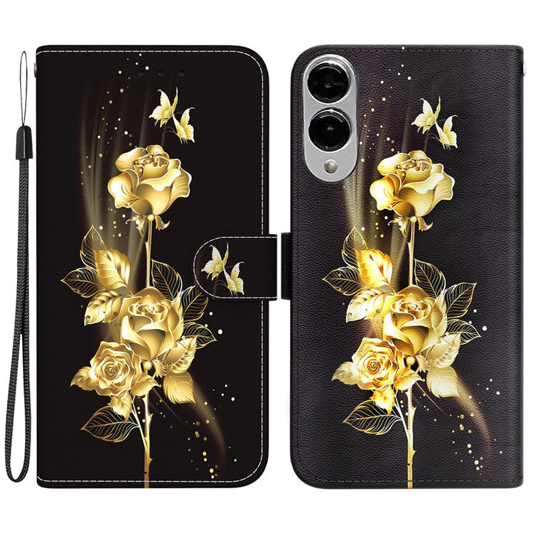 For Samsung Galaxy S25 Edge Wallet Phone Case Anti-Drop Leather Flip Cover Pattern Printing - Gold Butterfly Rose